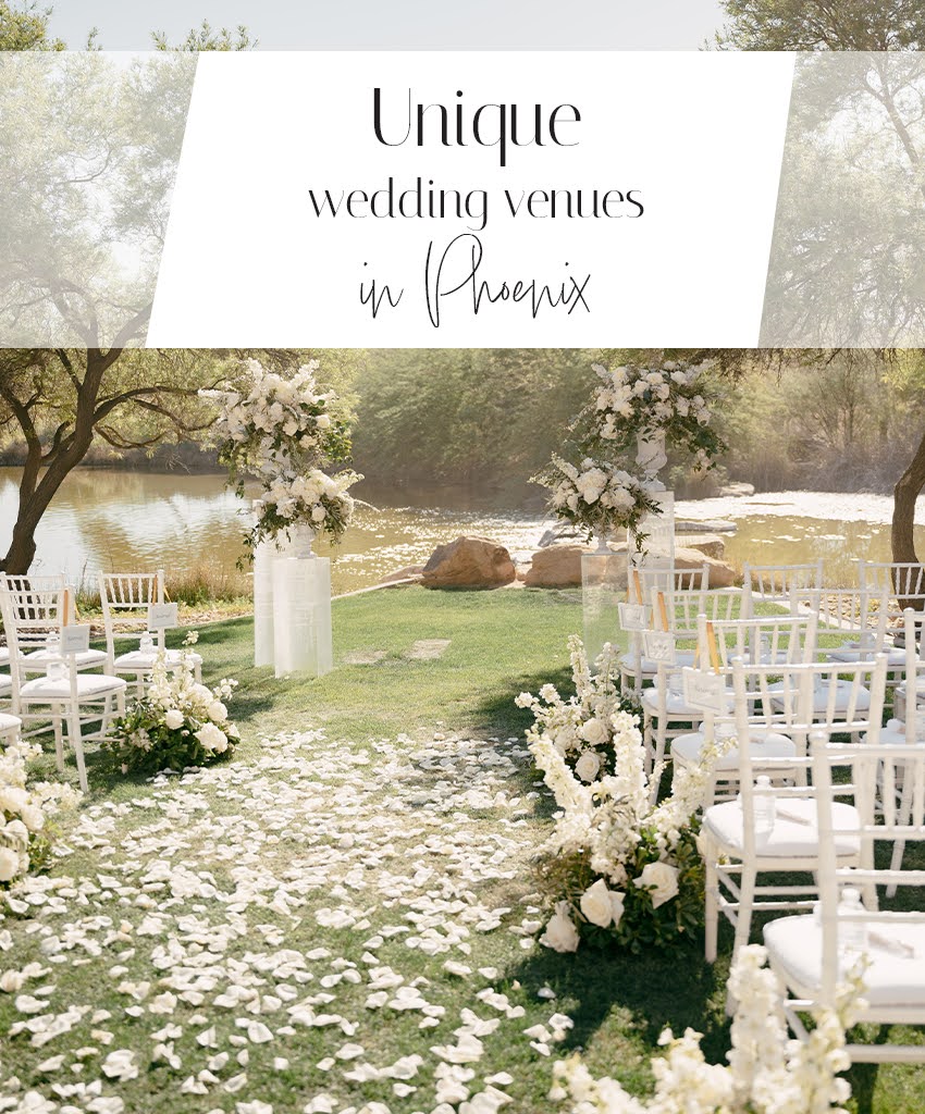 An outdoor wedding aisle surrounded on either side with white chairs and flowers, the ground covered in rose petals, a body of water in the background, with the words, “Unique wedding venues in Phoenix” superimposed over the top of the image