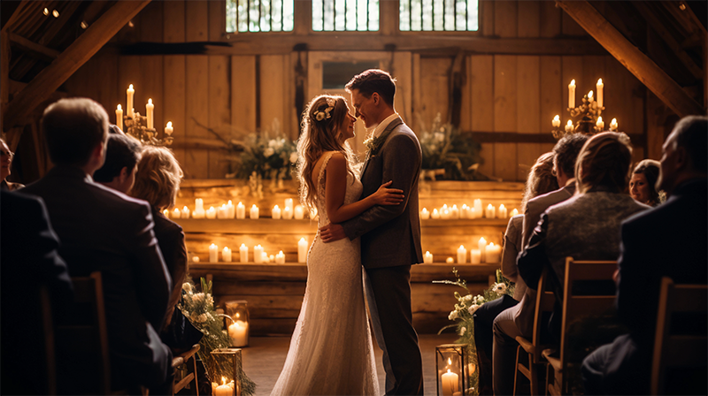 Micro wedding in a rustic barn in Arizona, bride and groom at the altar, fewer than 20 guests, warm ambient lighting, wooden accents