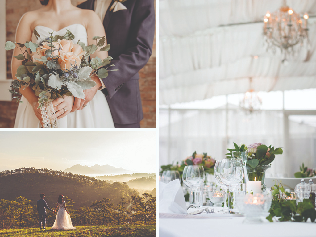 A triptych of wedding photos: A dreamy torso shot of a bride and groom, the bride holding a light-colored bouquet; a hazy faraway photo of a bride and groom gazing upon an Arizona landscape; a place setting in a bright white wedding venue, complete with candles, wine glasses, flatware, and a chandelier out of focus in the background