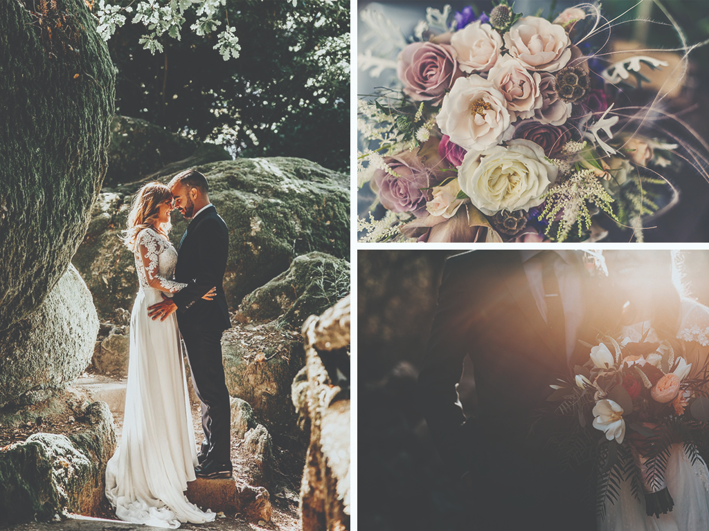 A triptych of dreamy wedding photos: A bride and groom facing each other in a gentle embrace and touching foreheads, standing among a rocky landscape; a bouquet of flowers in jewel tones; a darker close-up torso shot of the couple with a sun flare in the top right corner