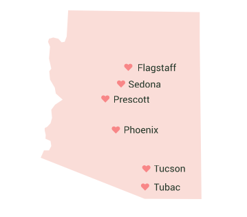 Image of the state of Arizona showing location of popular cities that fit various budgets for your Arizona wedding
