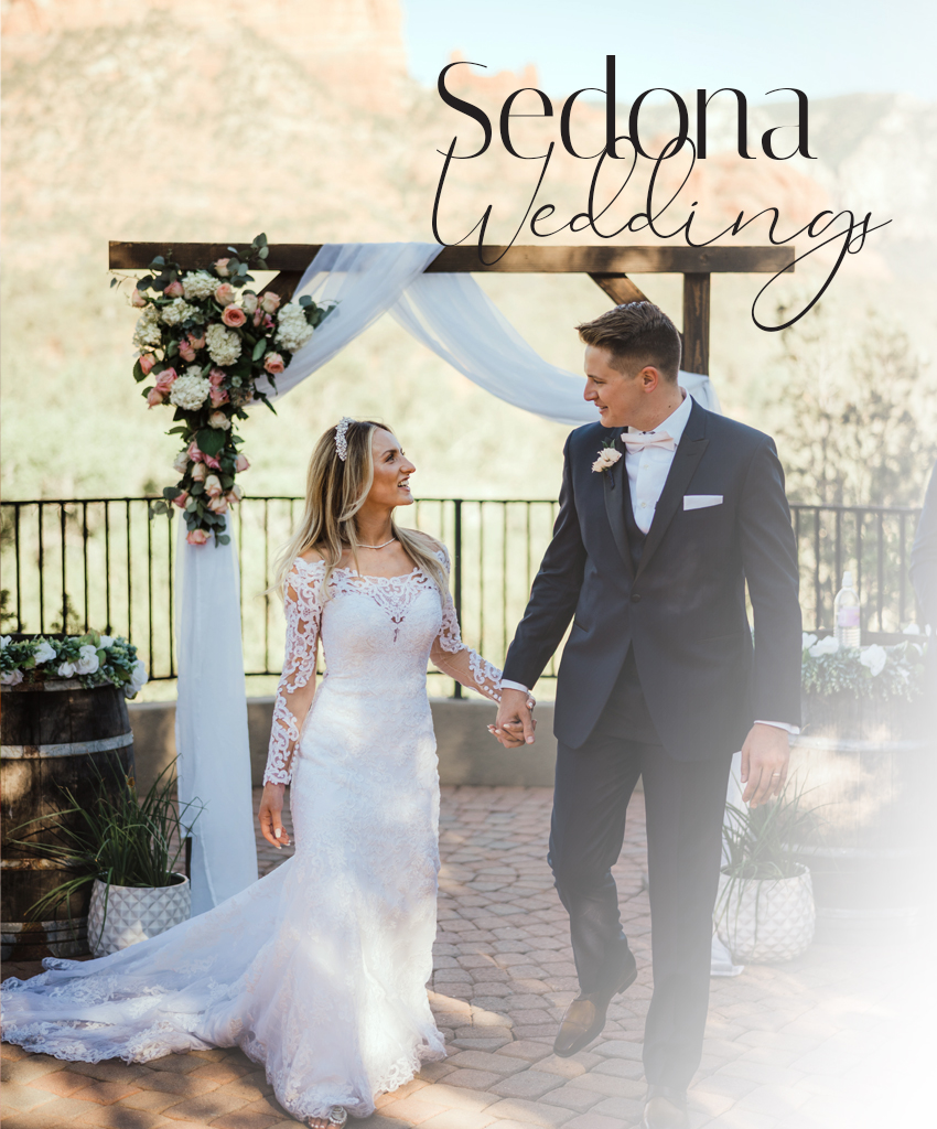 A Sedona bride and groom hold hands near a wooden arch with Red Rock features in the background and the words “Sedona Weddings” superimposed on the photo in the top right corner