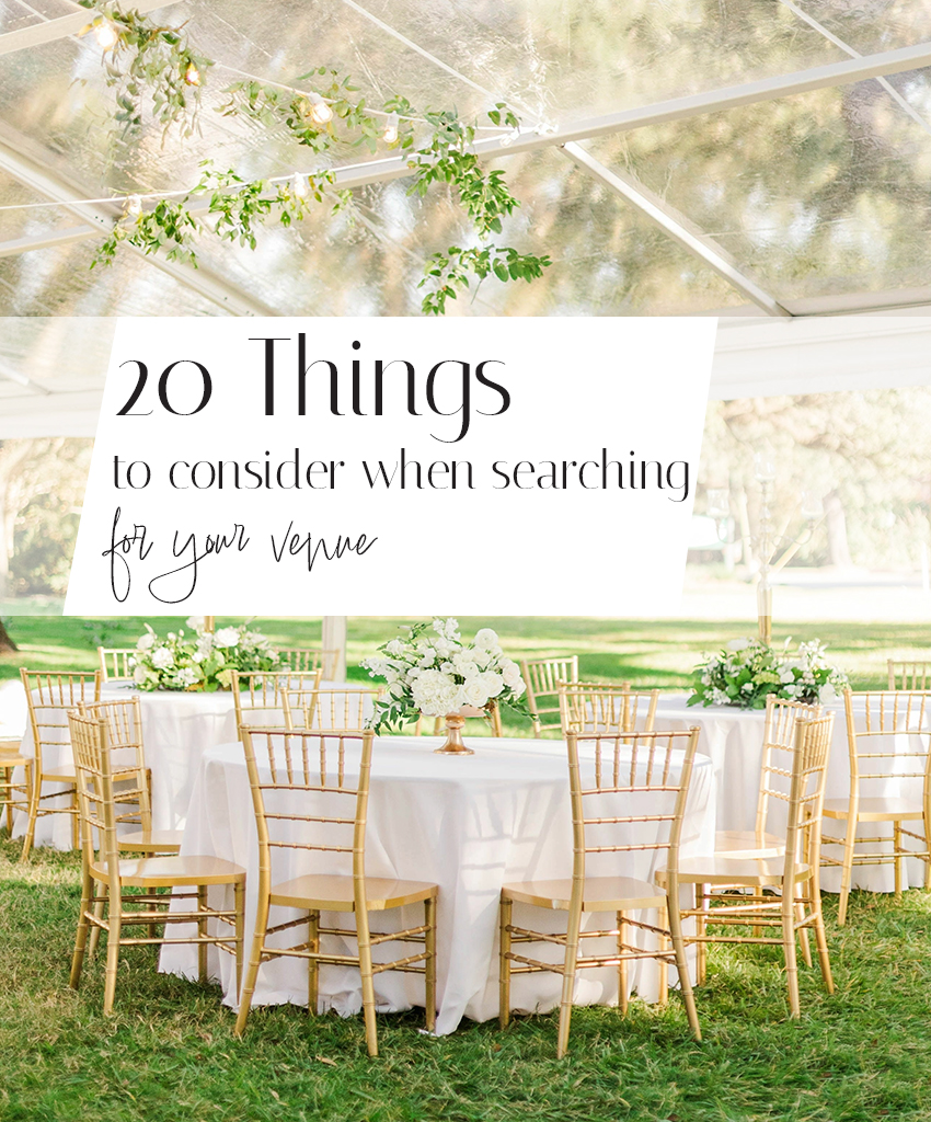 tips for searching for your wedding venue, this image is showing an outdoor wedding reception with gold chair under a clear tent
