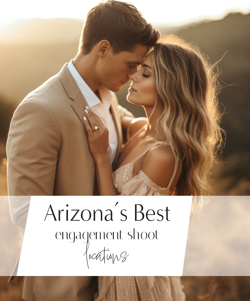 Engaged couple sharing an embrace in the Arizona desert with mountain views, photographed by a local Arizona photographer