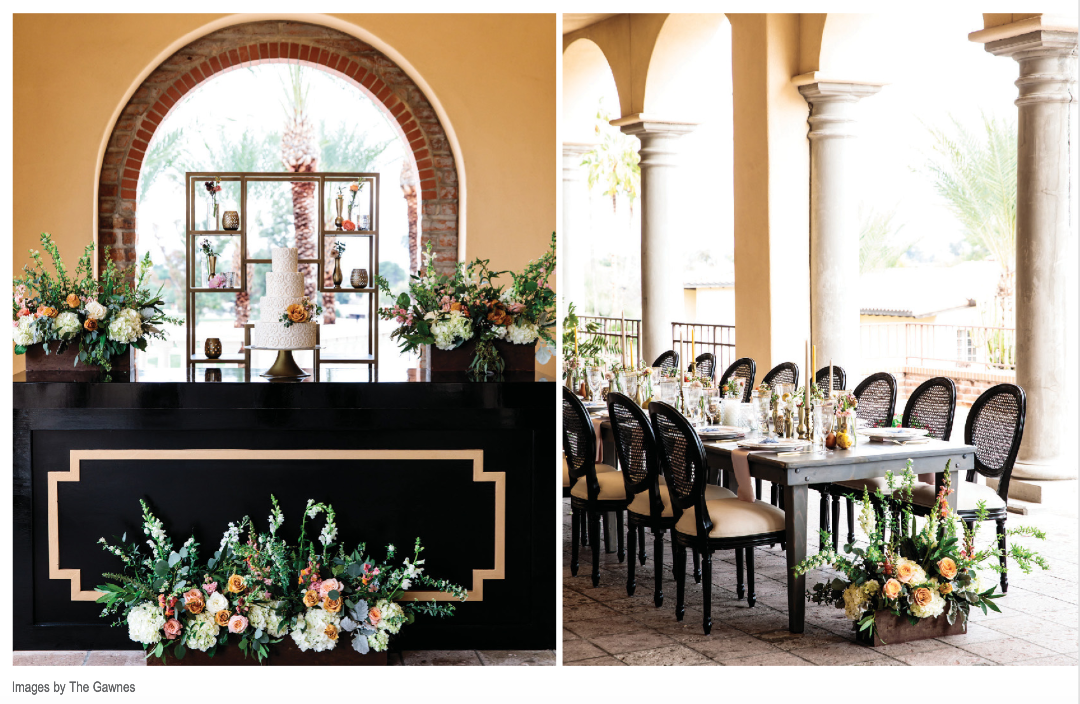 Spanish brick archway with wedding cake display, wedding floral centerpieces and table scape of candles and florals. 
