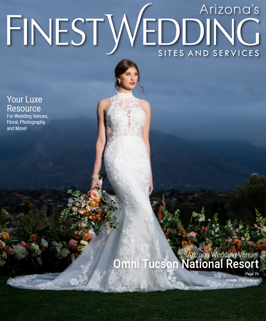 Wedding magazine cover featuring Omni Tucson National Resort showcasing a bride in a white gown in front of the Tucson mountain range